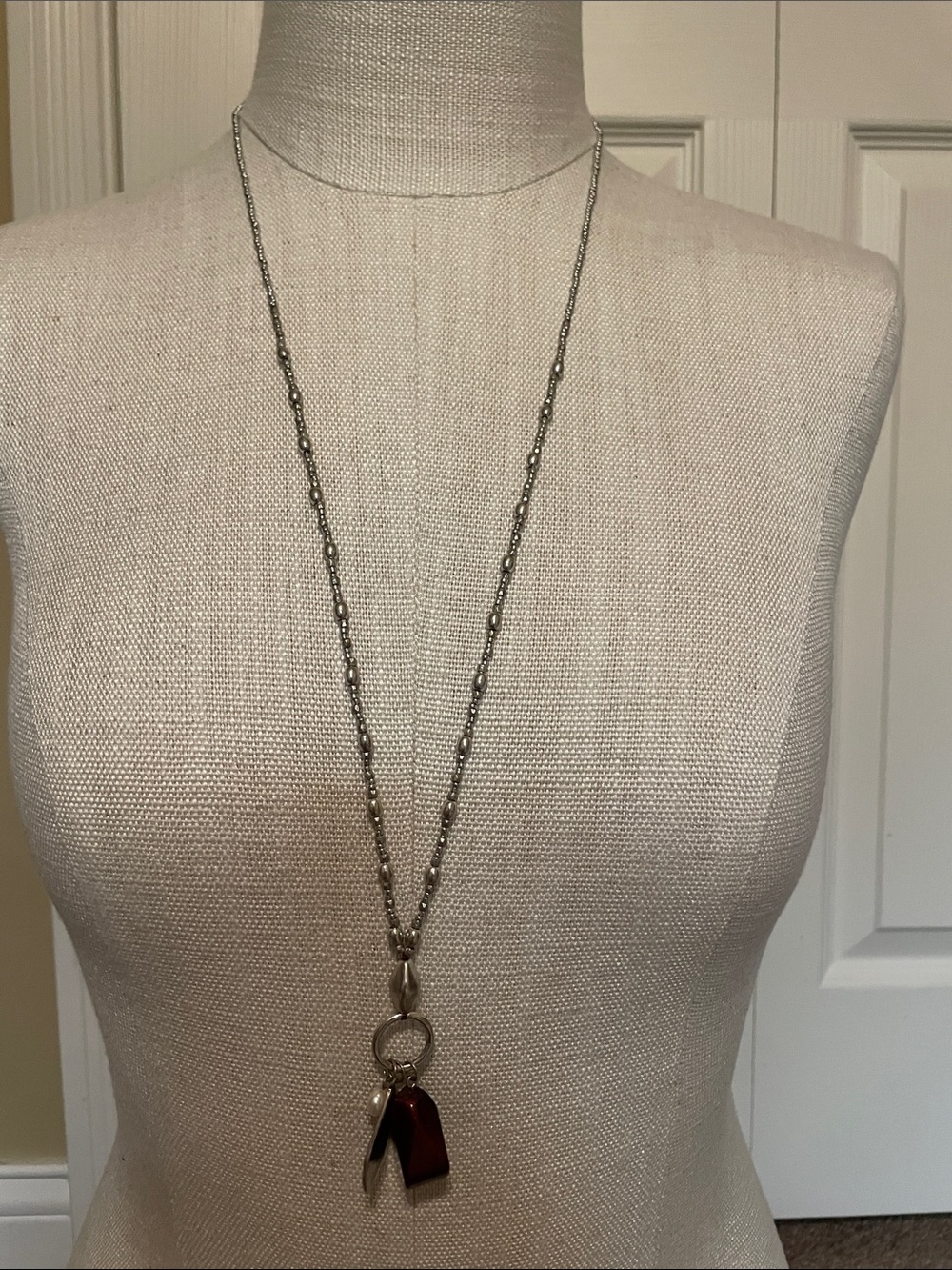 J. Jill Silver-Tone Long Necklace with Red and Silver Charms